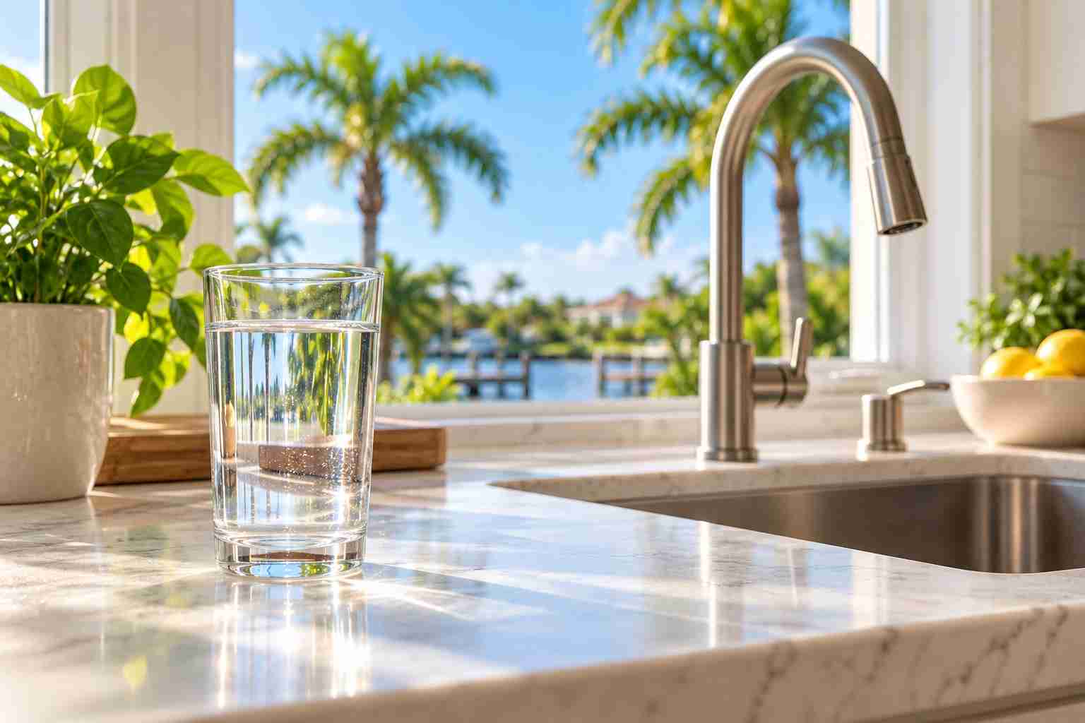Clear glass of drinking water in a sunlit Florida kitchen overlooking palm trees.